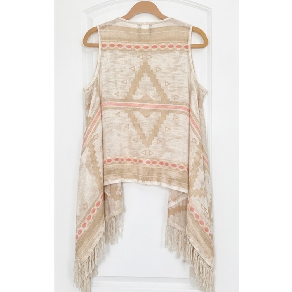 Sail Surf Womens Southwestern Knit Fringe Vest Beige Coral Open Front Medium
